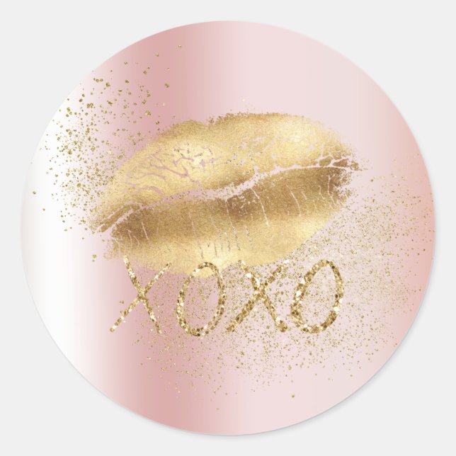 Blush Pink and Gold Lips Kiss Gold Glitter XOXO Classic Round Sticker (Front)