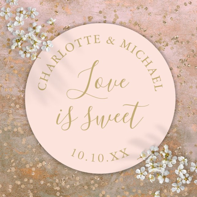 Blush Pink And Gold Love Is Sweet Wedding Favor  Classic Round Sticker (Blush Pink And Gold Love Is Sweet Wedding Favor Classic Round Sticker)