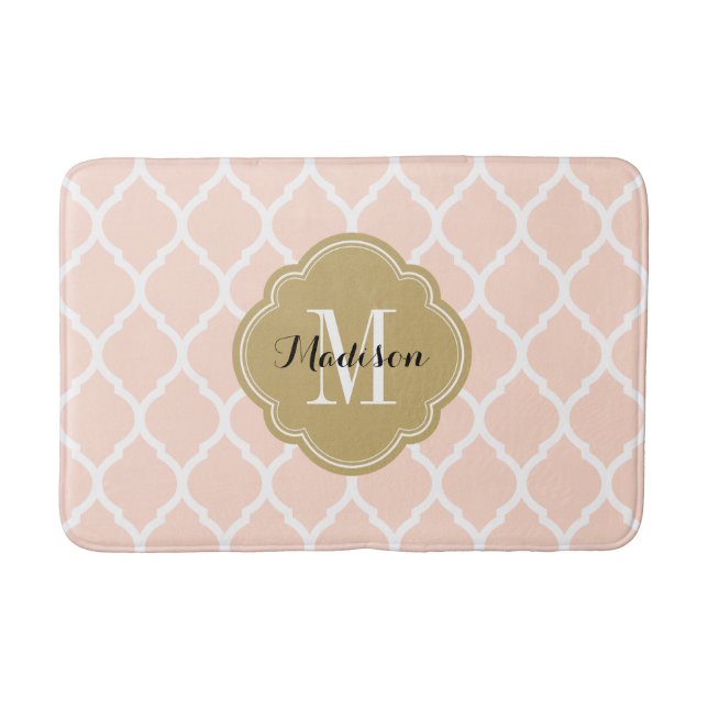 Blush Pink and Gold Moroccan Quatrefoil Monogram Bath Mat (Front)