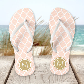Blush Pink and Gold Moroccan Quatrefoil Monogram Jandals