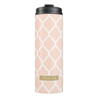 Blush Pink and Gold Moroccan Quatrefoil Monogram Thermal Tumbler