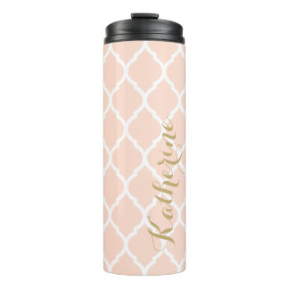 Blush Pink and Gold Moroccan Quatrefoil Monogram Thermal Tumbler