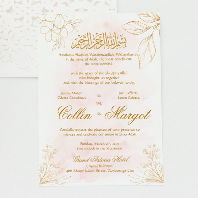 Blush Pink and Gold Muslim Wedding  Line Art Invitation (Creator Uploaded)
