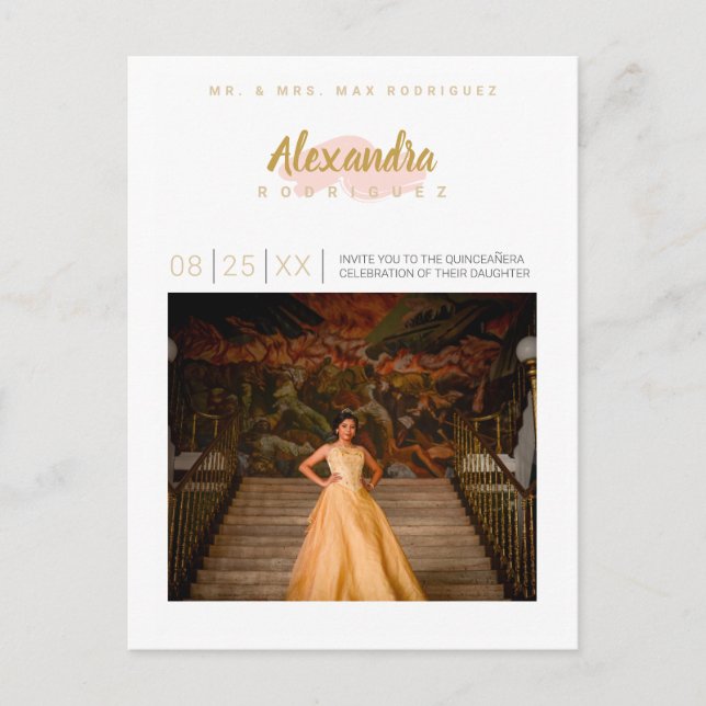 Blush Pink and Gold Photo Quinceanera Invitation Postcard (Front)