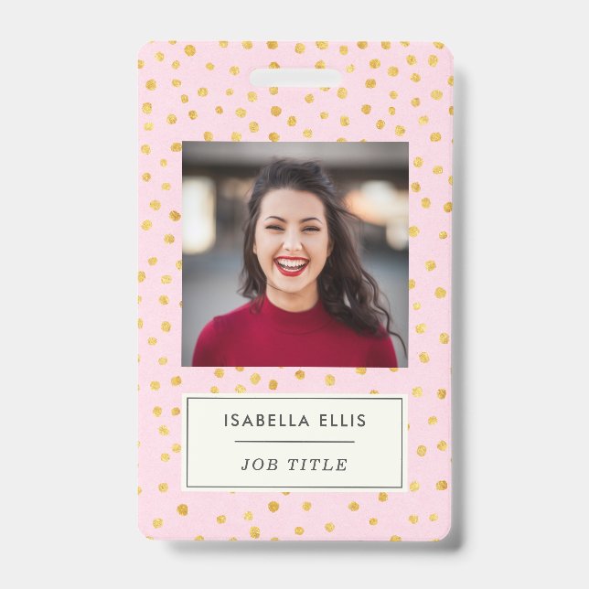 Blush Pink and Gold Polka Dot Custom Name Office ID Badge (Front)
