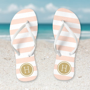 Blush Pink and Gold Preppy Stripes Monogram Jandals