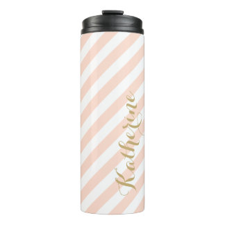 Blush Pink and Gold Preppy Stripes Monogram Thermal Tumbler