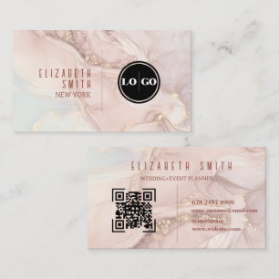  Blush Pink  and Gold QR Code Logo Agate Business Card