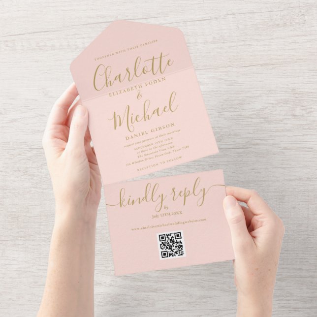 Blush Pink And Gold QR Code Minimalist Wedding All In One Invitation (Tearaway)