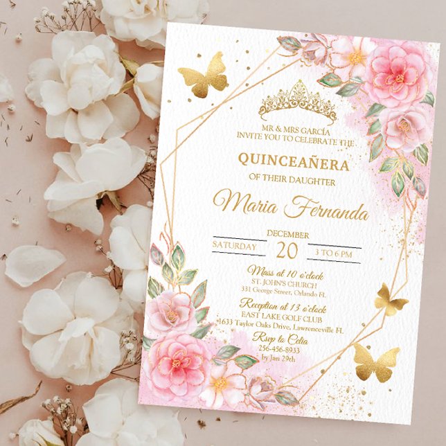 Blush Pink and gold Quinceañera birthday Invitation (Creator Uploaded)