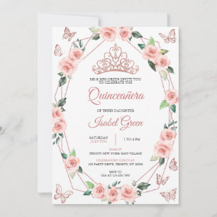  Blush Pink and Gold Quinceañera Invitation