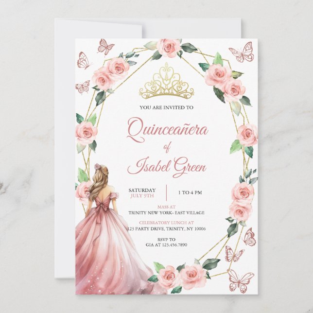 Blush Pink and Gold Quinceañera Invitation (Front)