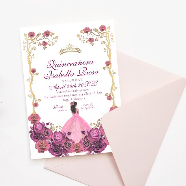 Blush Pink and Gold Rose Quinceanera XV Años Invitation (Creator Uploaded)