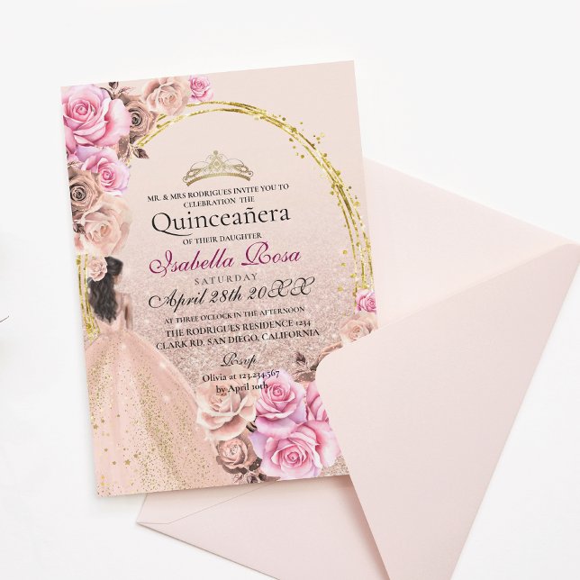  Blush Pink and Gold Roses Elegant Quinceanera Invitation (Creator Uploaded)