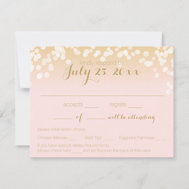 Blush Pink and Gold Sparkle Lights RSVP Card (Front)