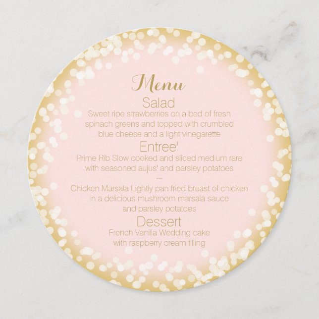 Blush Pink and Gold Sparkle Round Menu (Front)
