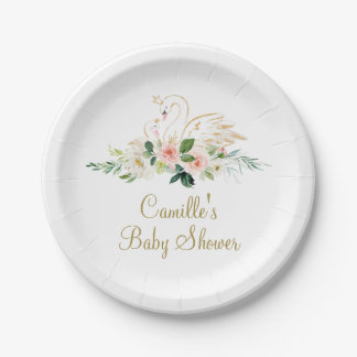 Blush Pink and gold Swan Baby shower Paper Plate