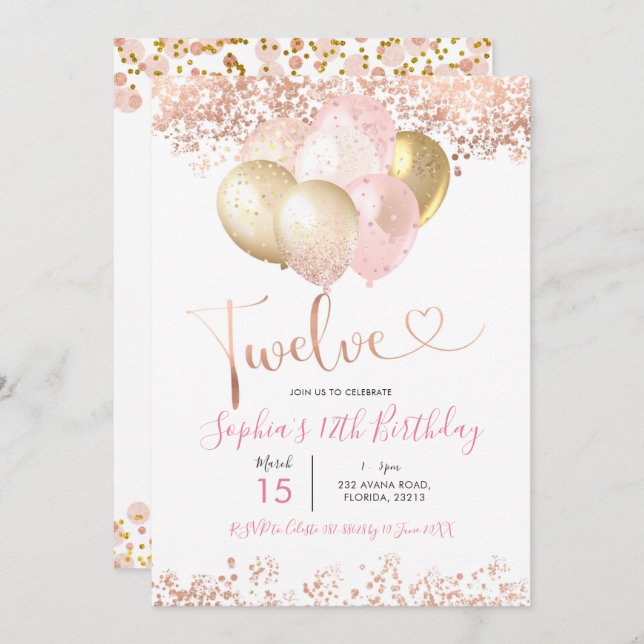 Blush Pink and Gold Twelve Birthday Party Invitation (Front/Back)