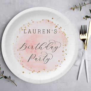 Blush Pink and Gold Watercolor Birthday Party Paper Plate