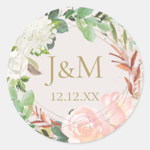 Blush Pink and Gold Watercolor Floral Classic Round Sticker