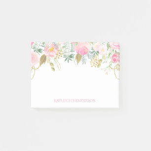 Blush Pink and Gold Watercolor Flowers Monogram Post-it Notes