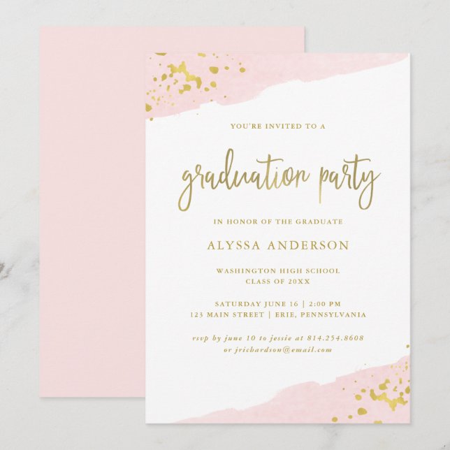 Blush Pink and Gold | Watercolor Graduation Party Invitation (Front/Back)