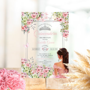 Blush Pink and Green Floral Butterfly Quinceañera Acrylic Invitations