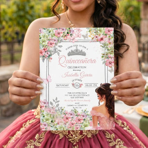 Blush Pink and Green Floral Butterfly Quinceañera Invitation