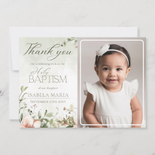 Blush pink and green flowers baptism photo thank you card