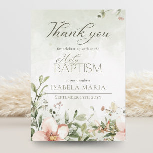 Blush pink and green flowers baptism photo thank you card