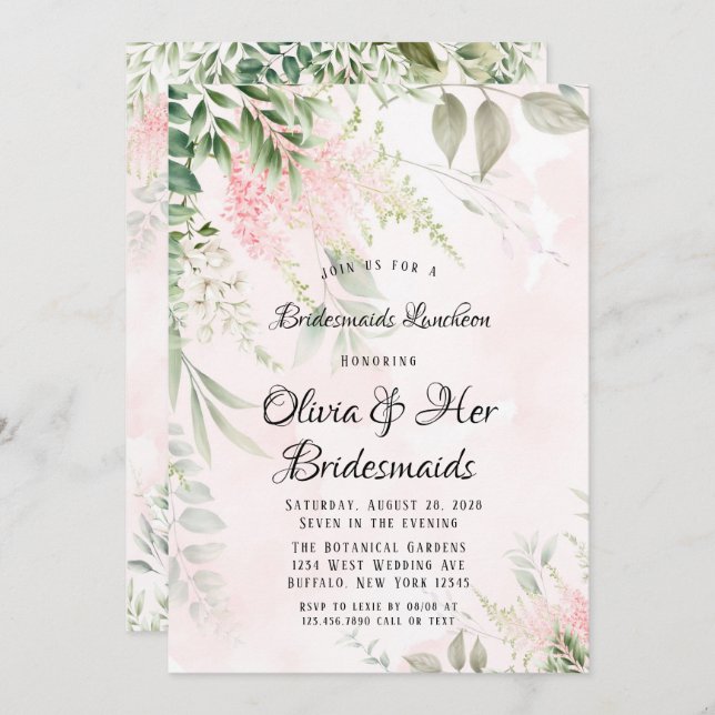 Blush Pink and Greenery Leaves Bridesmaids Lunch Invitation (Front/Back)