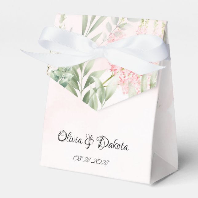Blush Pink and Greenery Leaves Chic Wedding Favour Box (Front Side)