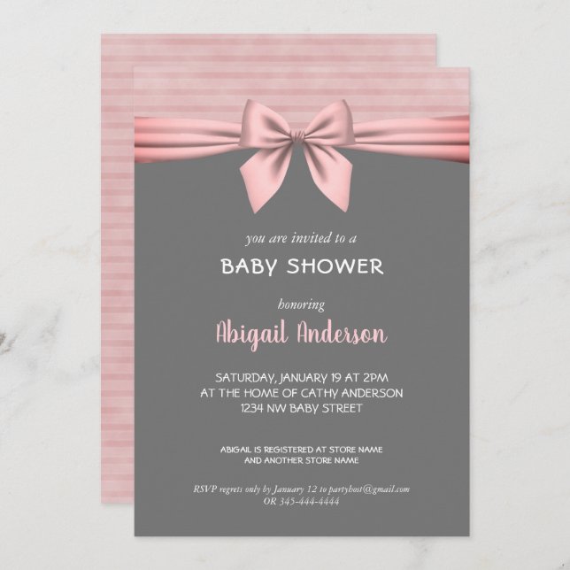 Blush Pink and Grey Bow Baby Shower Invitation (Front/Back)