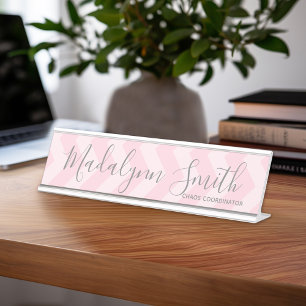 Blush Pink and Grey Chevron Pattern with Big Name Desk Name Plate