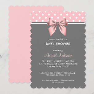 Blush Pink and Grey Polka Dot Bow Baby Shower Invi Invitation