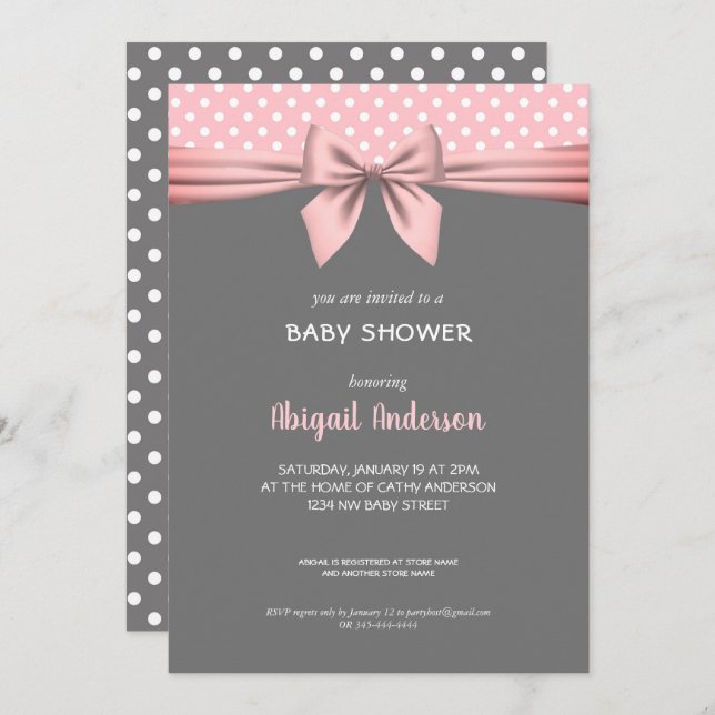 Blush Pink and Grey Polka Dot Bow Baby Shower Invitation (Front/Back)