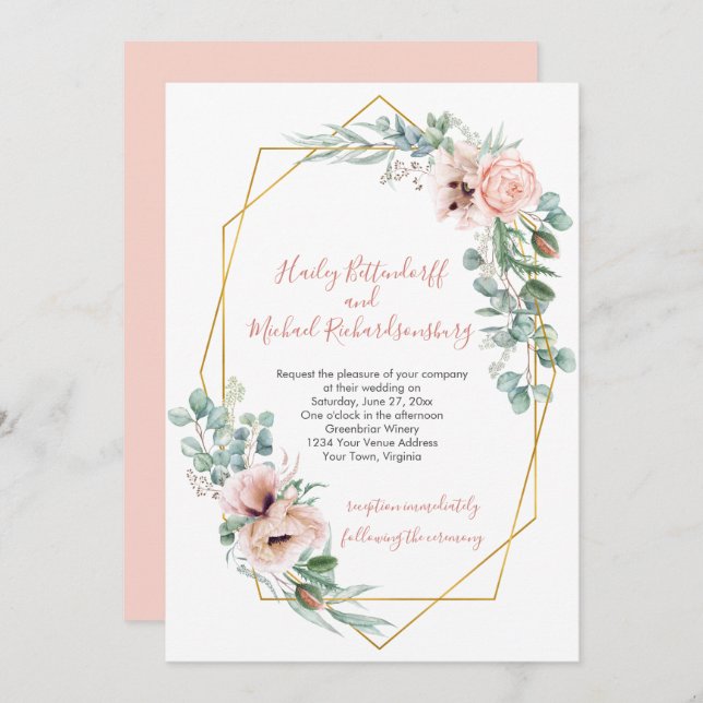 Blush Pink and Ivory Poppies Geometric Frame Invitation (Front/Back)