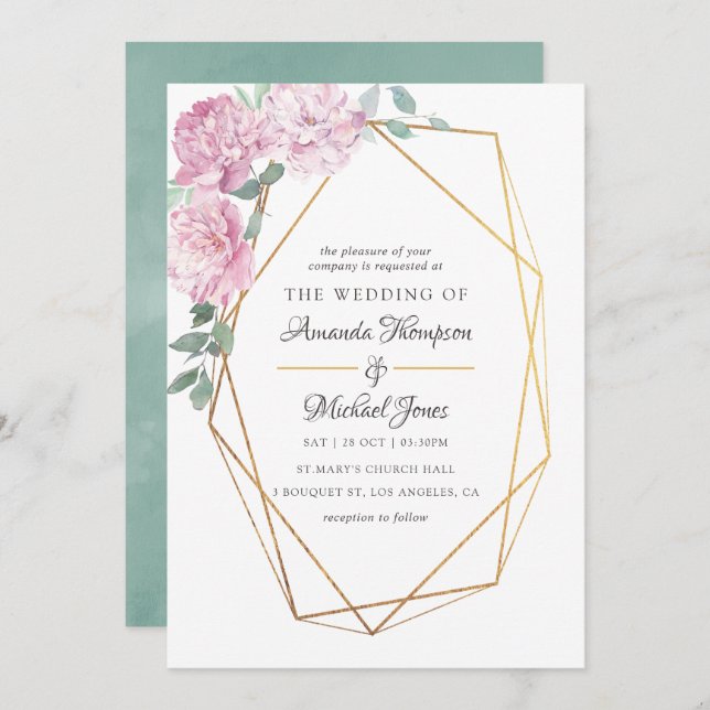 Blush Pink and Mint Geometric Floral Wedding Invitation (Front/Back)