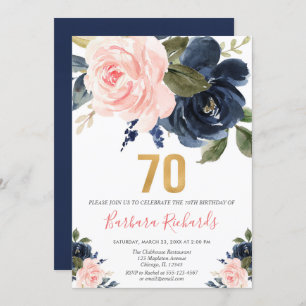 Blush pink and navy blue floral 70th birthday invitation
