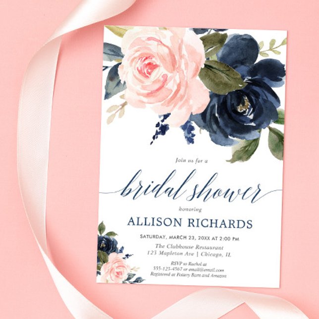 Blush pink and navy blue floral bridal shower invitation (Creator Uploaded)
