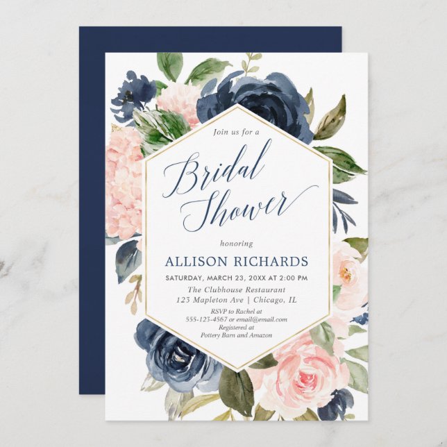 Blush pink and navy blue floral bridal shower invitation (Front/Back)