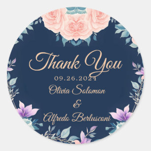 Blush Pink and Navy Blue Floral Elegant Modern Classic Round Sticker