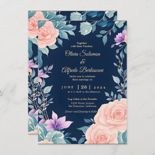 Blush pink and Navy Blue floral elegant modern  Invitation