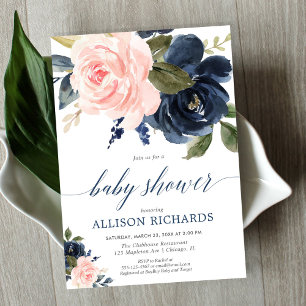 Blush pink and navy blue floral girl baby shower invitation