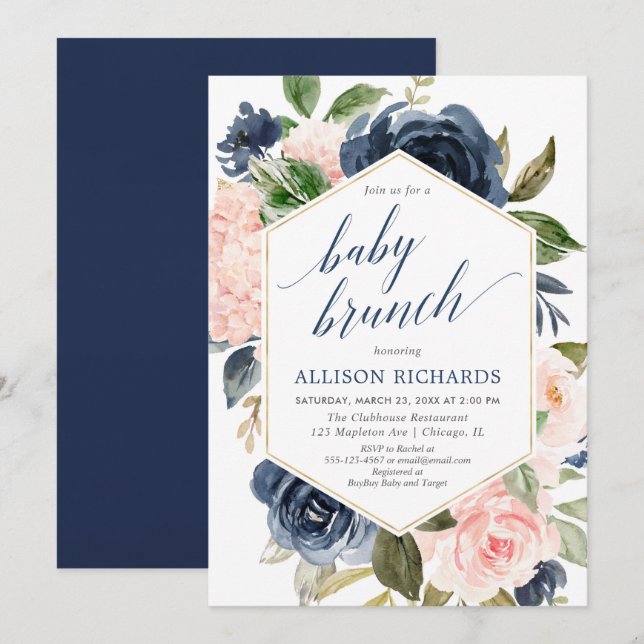 Blush pink and navy blue girl baby brunch shower invitation (Front/Back)