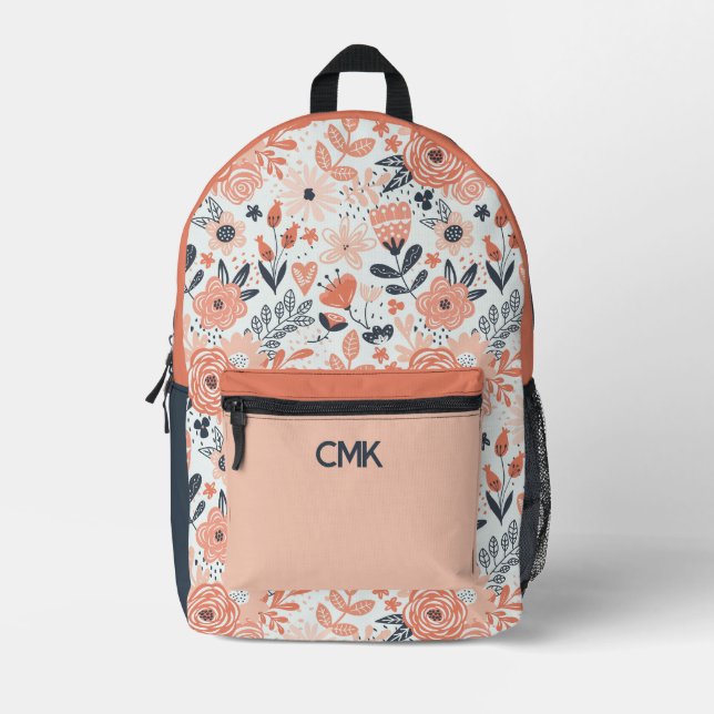Blush Pink and Navy Blue Modern Floral Monogram Printed Backpack (Front)