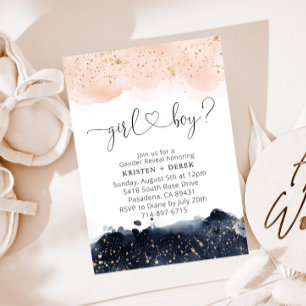 Blush Pink and Navy Blue Watercolor Gender Reveal  Invitation