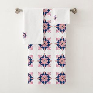 Blush Pink and Navy Geometric Floral Tiles Bath Towel Set