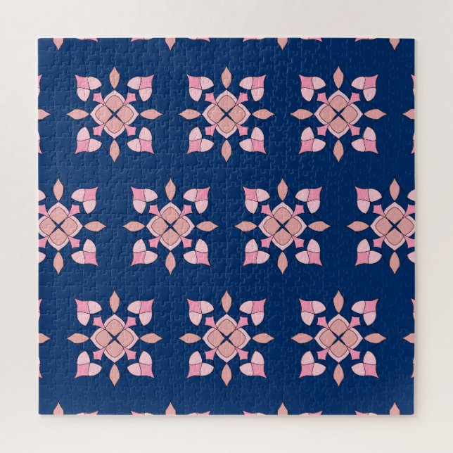 Blush Pink and Navy Geometric Floral Tiles Jigsaw Puzzle (Vertical)