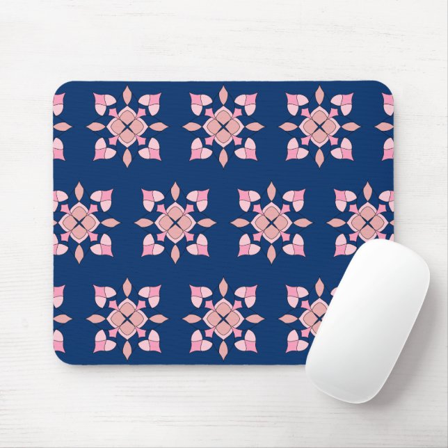 Blush Pink and Navy Geometric Floral Tiles Mouse Pad (With Mouse)